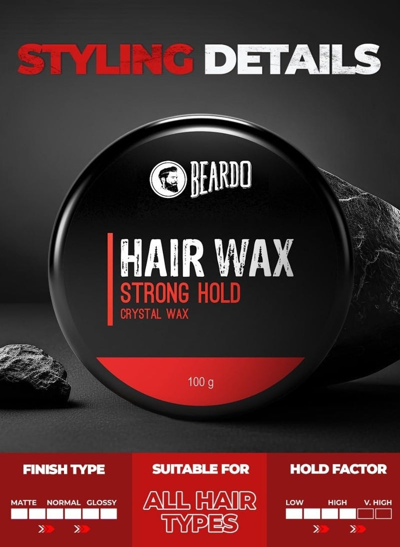 Beardo Stronghold Hair Wax For Men, 100 gm | Crystal Hair Wax with Aloe Vera & Castor Oil | Hair Wax Men | Hair Styling Wax for Glossy Finish & Shine | Strong Hold Hair Wax