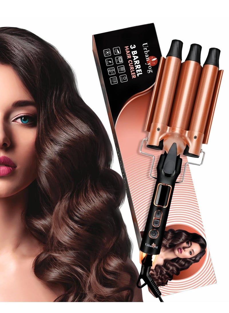 Urban yog 3 Barrel Hair Curler For Women'S Hairstyle|Double Ceramic Coated Barrels|Instant Heat Up|Adjustable Temperature Settings With Led Display|Suitable For All Hair Types|Black And Rose Gold