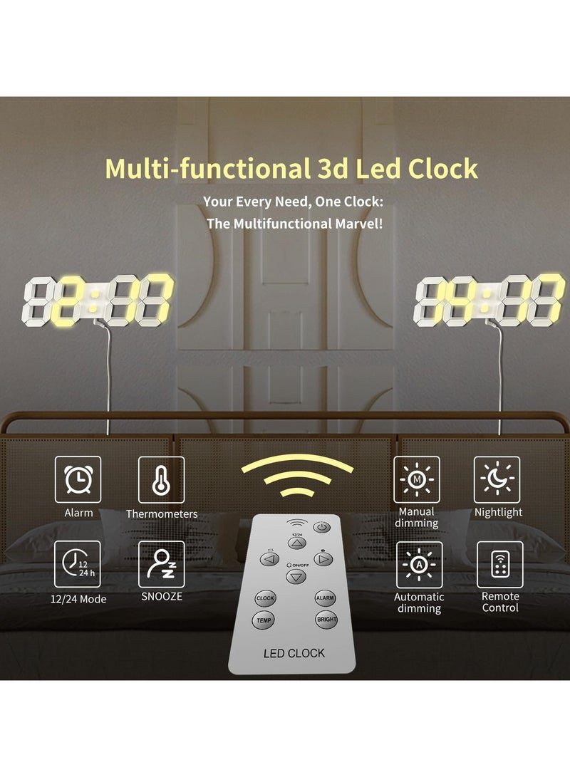 Digital Wall 3D Clock, Led Desk Clocks, 10 '' Large Number for Bedroom, Living Room, Home and Office - Alarm, Snooze, Temperature, Remote, Nightlight, Auto Light Brightness