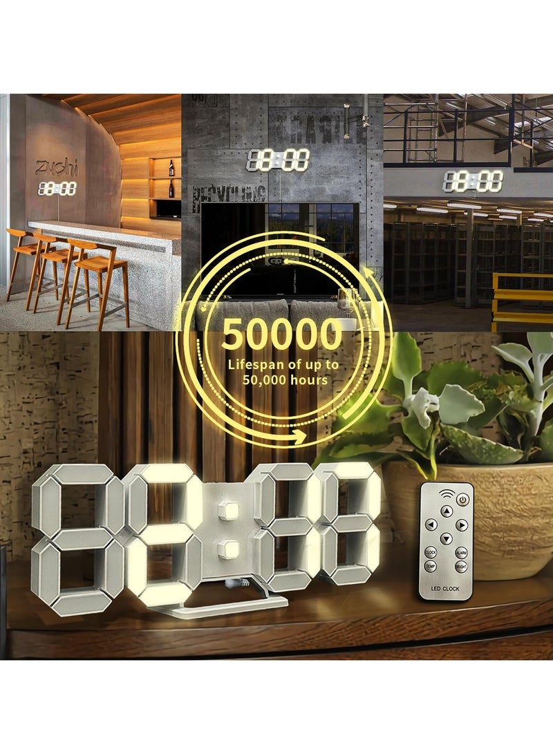 Digital Wall 3D Clock, Led Desk Clocks, 10 '' Large Number for Bedroom, Living Room, Home and Office - Alarm, Snooze, Temperature, Remote, Nightlight, Auto Light Brightness