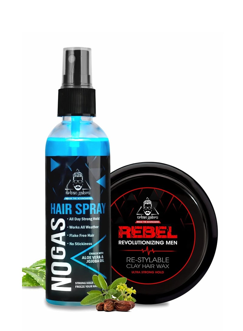 Urbangabru Combo Hair Styling Kit - Rebel Hair Styling Clay Wax (85 Gram) for 100 Times Re-Styleable and Unlimitied Strong Hold No Gas Hair Spray (100 ml)