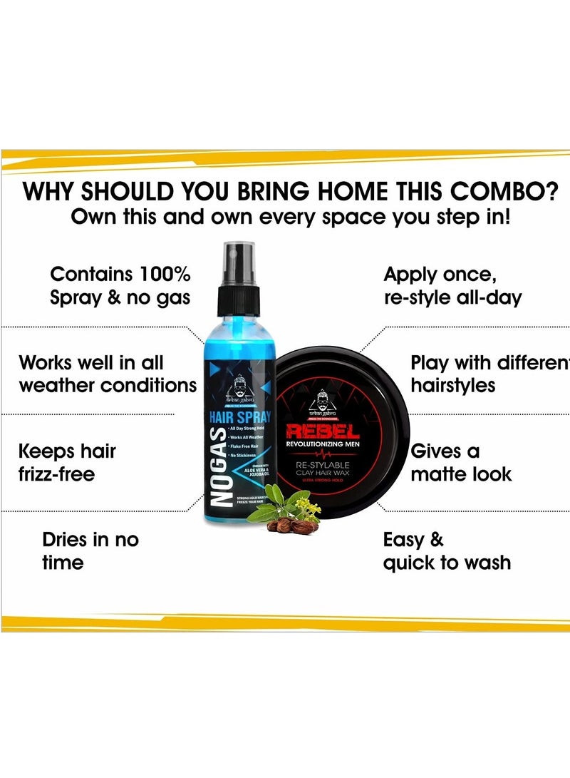 Urbangabru Combo Hair Styling Kit - Rebel Hair Styling Clay Wax (85 Gram) for 100 Times Re-Styleable and Unlimitied Strong Hold No Gas Hair Spray (100 ml)