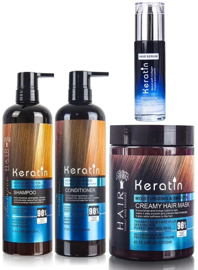 4Pcs Keratin Shampoo and Conditioner Set with Hair Serum and Creamy Hair Mask Keratin Smooth Moisturizing Hair Care Set Strengthening 98% Repair Damaged Hair with Keratin