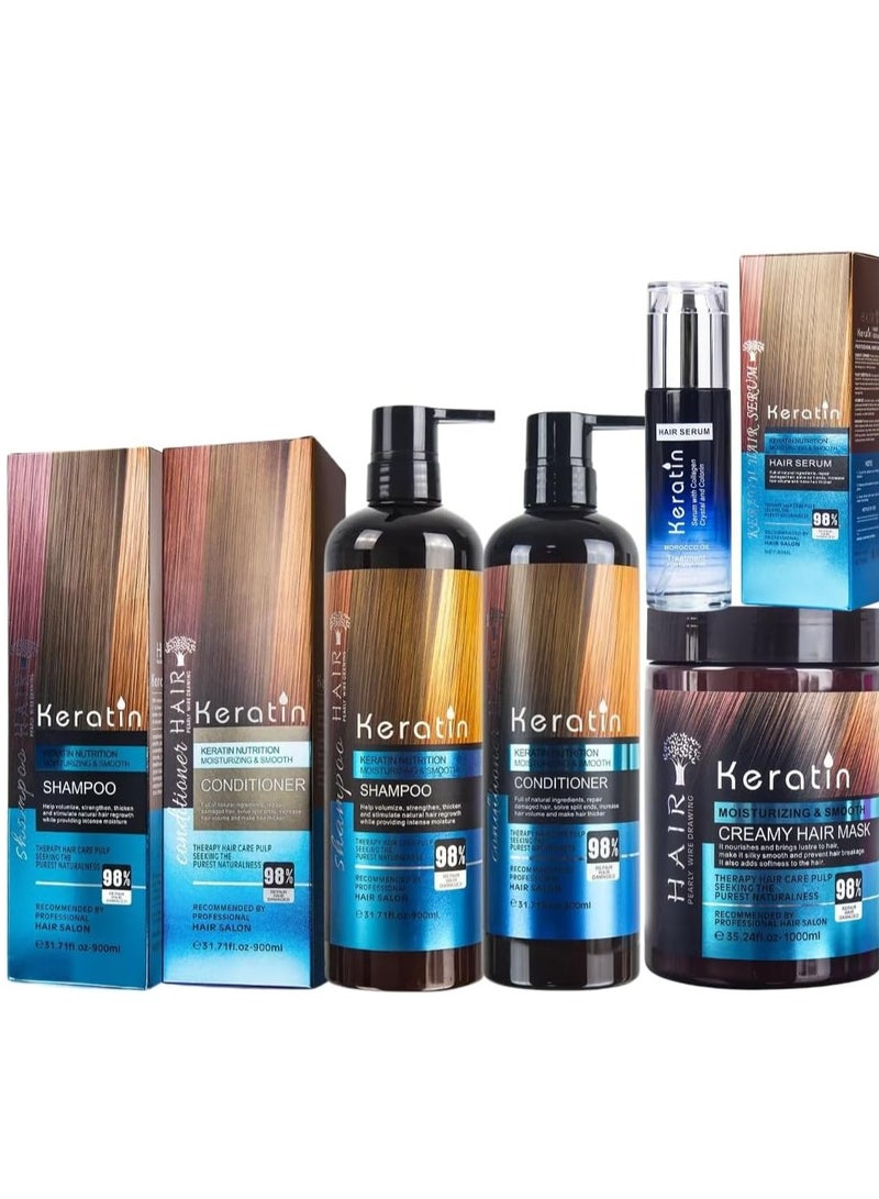 4Pcs Keratin Shampoo and Conditioner Set with Hair Serum and Creamy Hair Mask Keratin Smooth Moisturizing Hair Care Set Strengthening 98% Repair Damaged Hair with Keratin