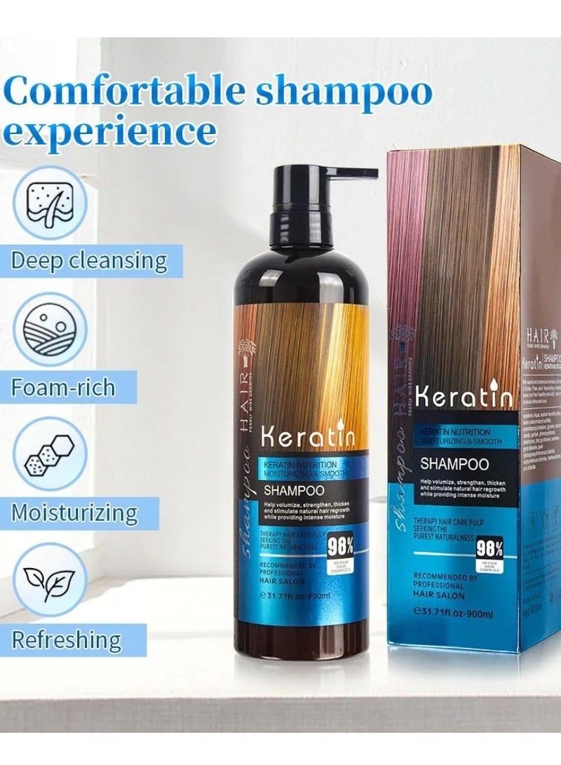 4Pcs Keratin Shampoo and Conditioner Set with Hair Serum and Creamy Hair Mask Keratin Smooth Moisturizing Hair Care Set Strengthening 98% Repair Damaged Hair with Keratin