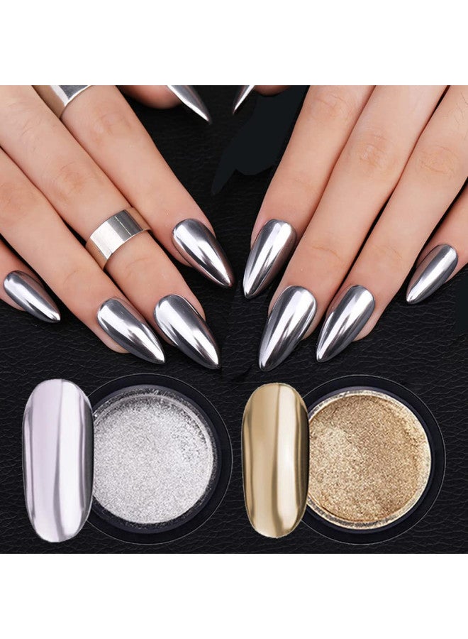 Mirror Chrome Nail Powder Champagne Gold Silver Nail Art Glitter Metallic Effect Holographic Aurora Powder Chrome Dust for Nails Gel Polish Pigment Decoration 2 Jar