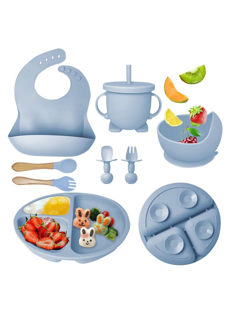 Baby Feeding Set Baby Led Weaning Supplies with Suction Bowl Divided Plate Toddler Self Feeding Dish Set with Spoons Forks Sippy Cup Adjustable Bib Eating Utensils