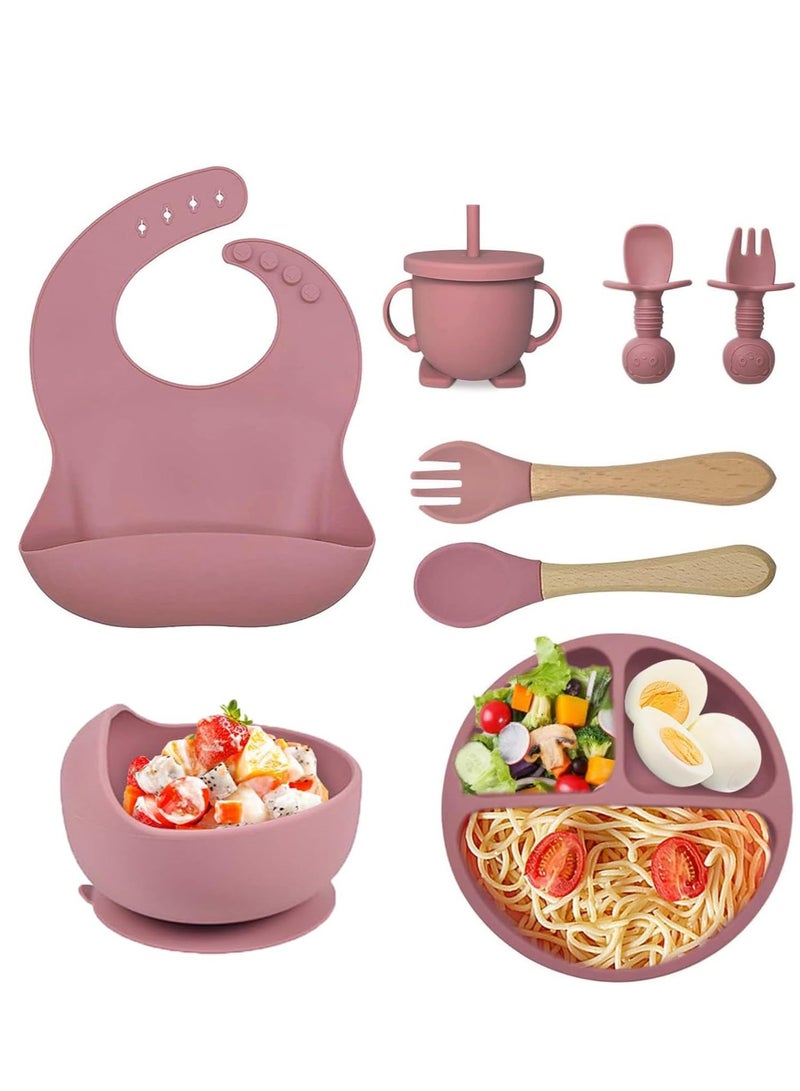 Baby Feeding Set Baby Led Weaning Supplies with Suction Bowl Divided Plate Toddler Self Feeding Dish Set with Spoons Forks Sippy Cup Adjustable Bib Eating Utensils Pink