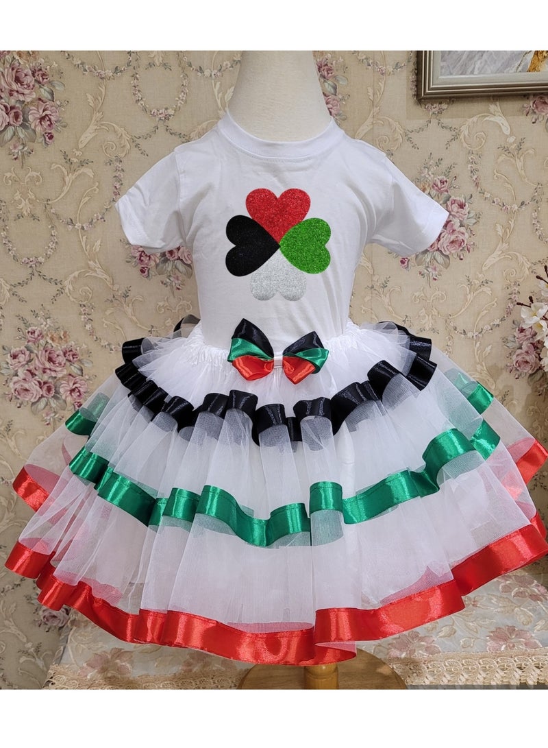 UAE National Day Dress For Kids Girls Tutu Skirt, T-shirt and a hair accessory, 3 pieces set In UAE Flag Colors