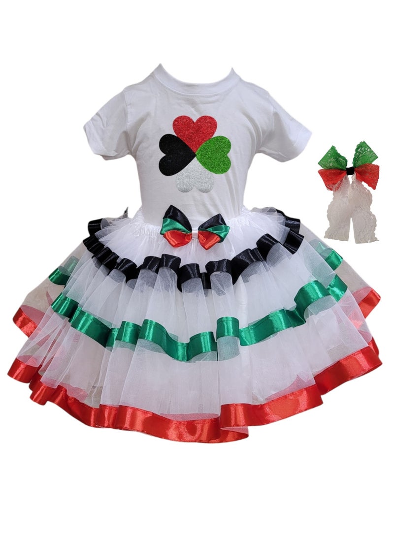 UAE National Day Dress For Kids Girls Tutu Skirt, T-shirt and a hair accessory, 3 pieces set In UAE Flag Colors