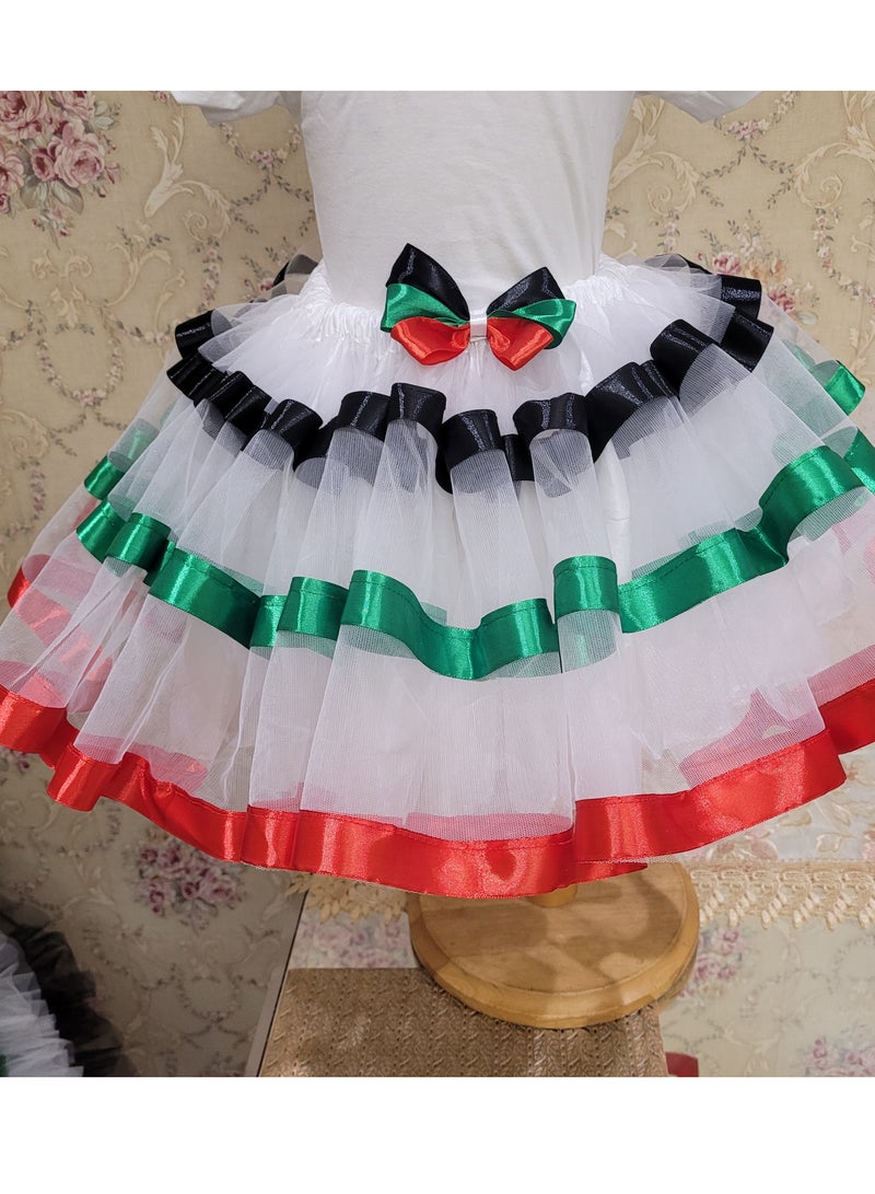 UAE National Day Dress For Kids Girls Tutu Skirt, T-shirt and a hair accessory, 3 pieces set In UAE Flag Colors