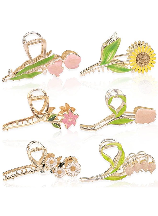 6Pcs Large Metal Flower Hair Claw Clips, Tulip Hair Claw Clip, Sunflower Hair Clips, Non-Slip No Broken Hair Clamps, Lily Flower Hair Hold Clip for Women Thin and Thick Hair