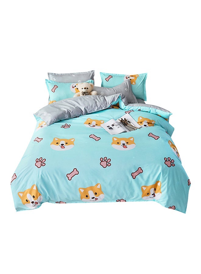 4-Piece Firewood Dog Paradise Design Bedding Set Polyester Blue/Yellow Duvet Cover 150x200 Cm, Bed Sheet 160x220 Pillow 48x75cm