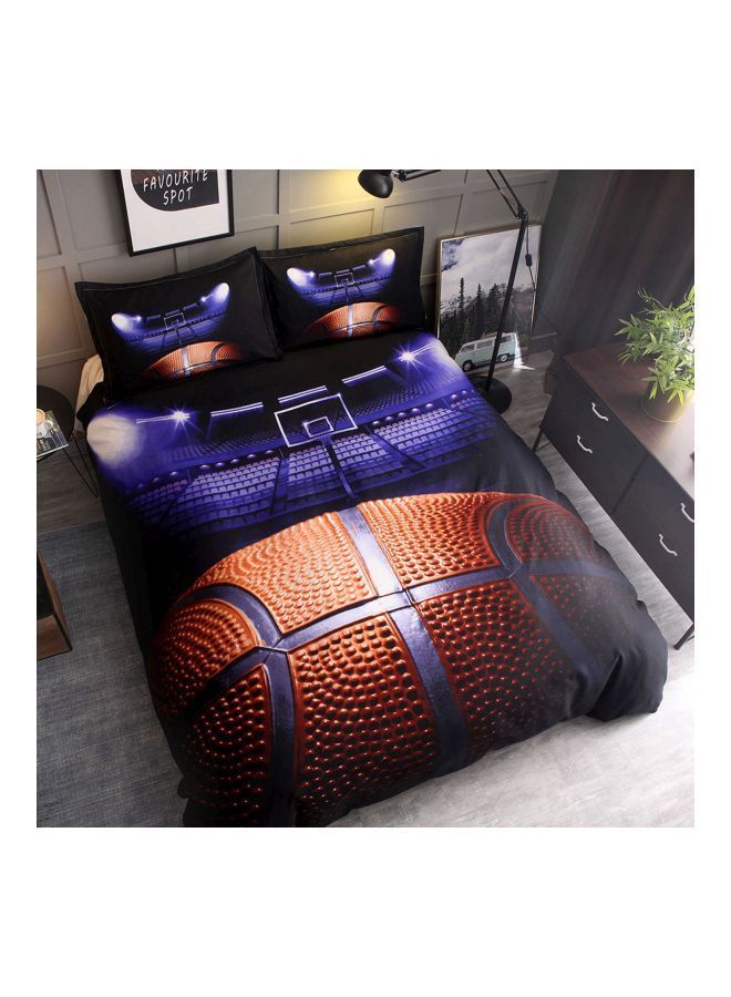 3-Piece Basketball Court Printed Pillowcase With Bed Cover Set Polyester Blue/Orange/Black