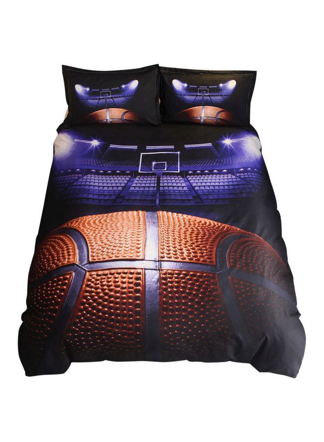 3-Piece Basketball Court Printed Pillowcase With Bed Cover Set Polyester Blue/Orange/Black