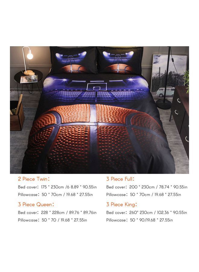 3-Piece Basketball Court Printed Pillowcase With Bed Cover Set Polyester Blue/Orange/Black