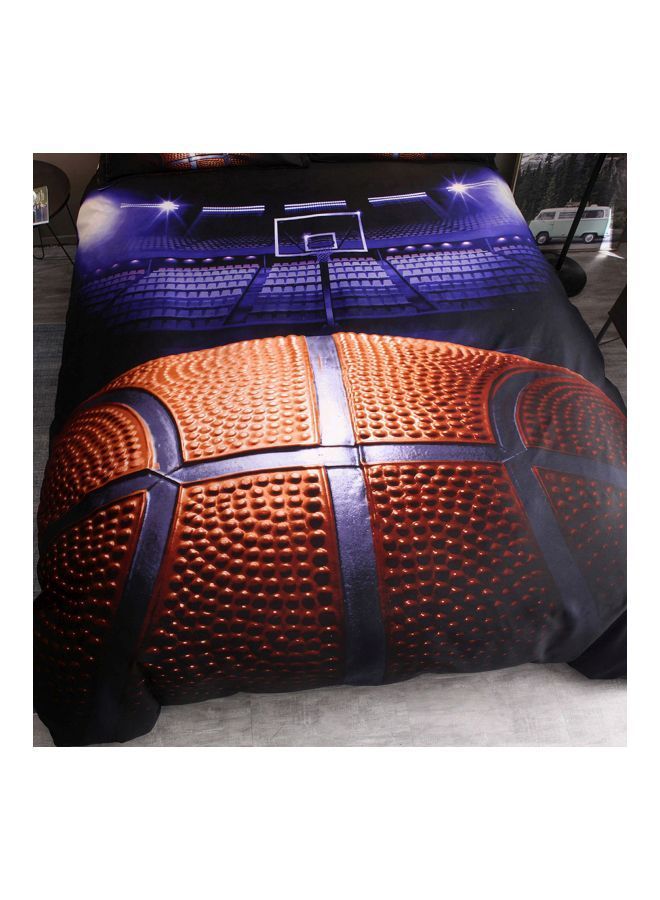 3-Piece Basketball Court Printed Pillowcase With Bed Cover Set Polyester Blue/Orange/Black