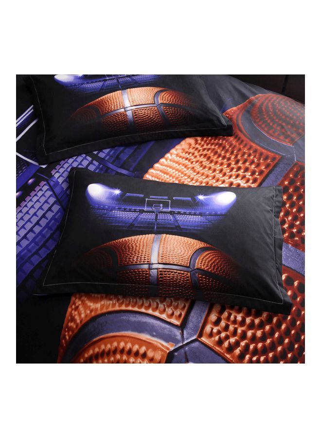 3-Piece Basketball Court Printed Pillowcase With Bed Cover Set Polyester Blue/Orange/Black