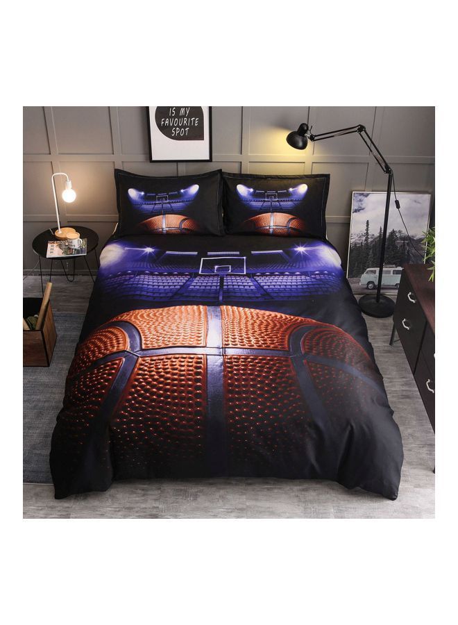 3-Piece Basketball Court Printed Pillowcase With Bed Cover Set Polyester Blue/Orange/Black