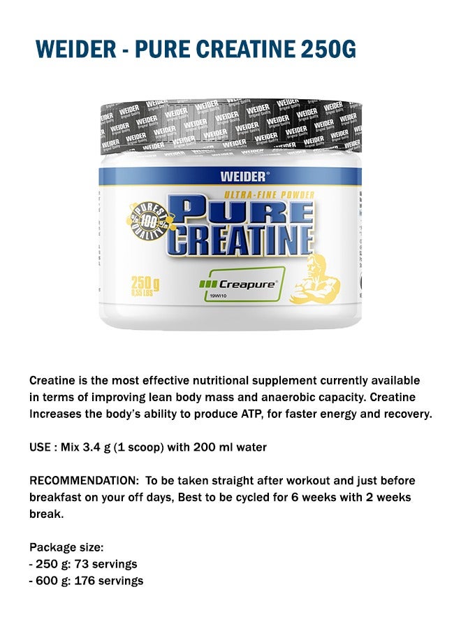 Pure Creatine Creapure 250 Grams - Unflavour - Maximize Your Performance