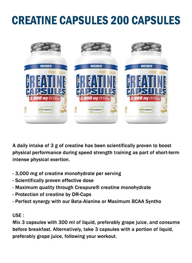 Creatine Capsules 3.000mg Creatine per Servings, (Creapure) 200 Capsules