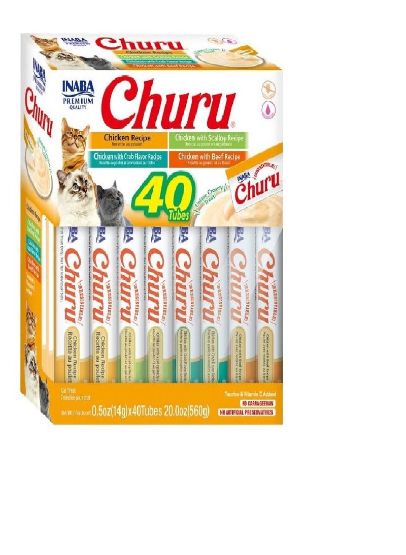 Churu Chicken Variety 40PCS/PK, Inaba Churu Cat Treats, Grain-Free, Lickable, Squeezable Creamy Puree Cat Treat, Creamy cat treats, Toppers for cat foods, Lickable treats for cats