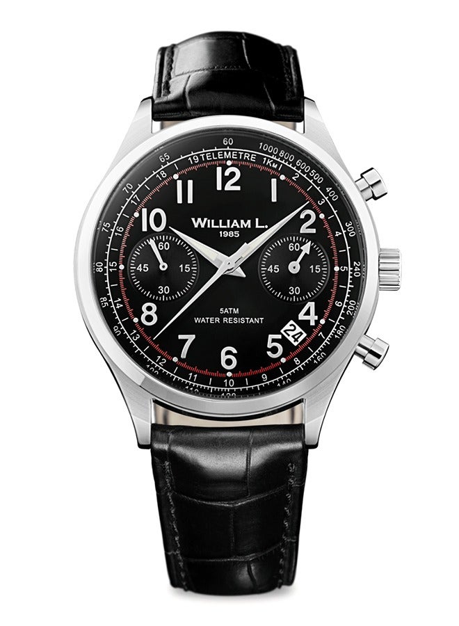 William L. 1985 Men's Vintage Style Chronograph Stainless Steel with Black Dial and Black Croco Strap Watch - WLAC01NRCN