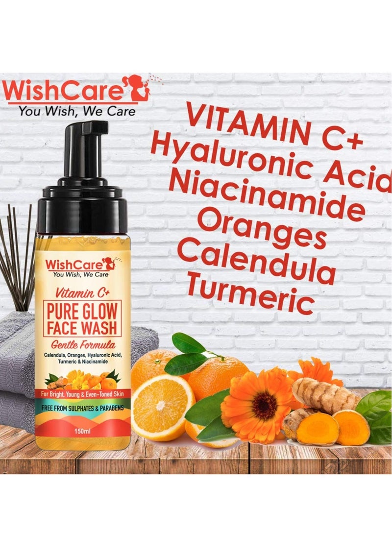 WishCare Vitamin C+ Pure Glow Face Wash for Men & Women Daily Use - with Vitamin C, Hyaluronic Acid, Niacinamide, Oranges, Calendula & Turmeric - 150 ml