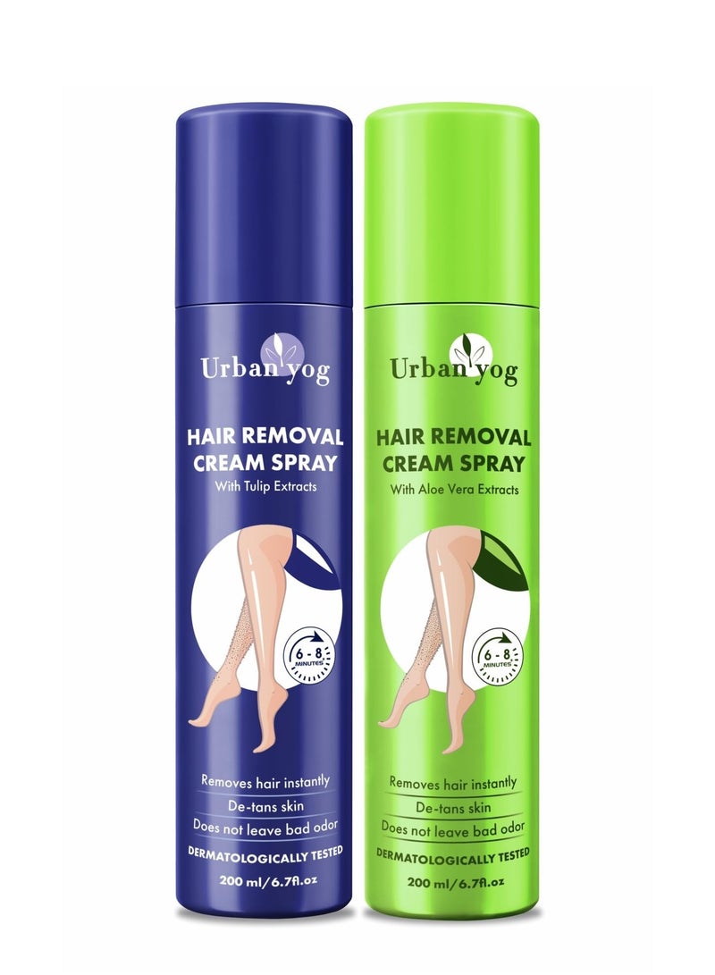 Urban Yog Hair Removal Cream Spray for Women (200 ML * 2 Units) | Combo Flavor - Tulip and Aloe Vera | Painless Body Hair Removal Cream