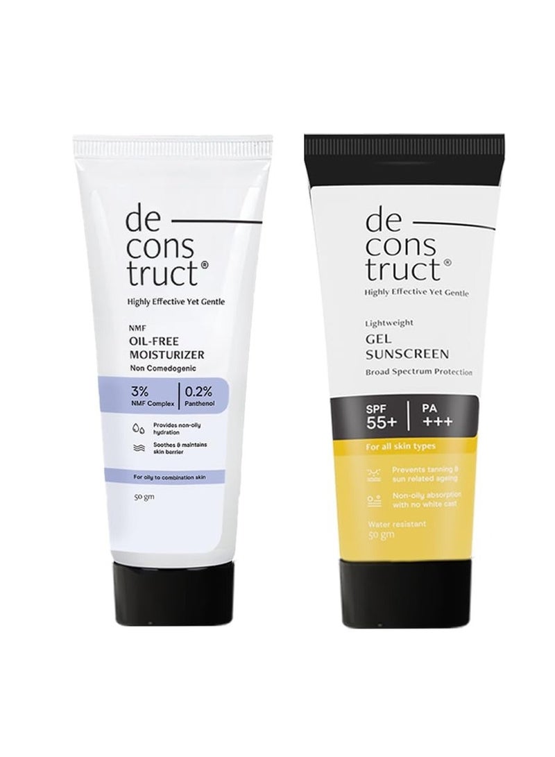 Deconstruct Hydration & Defense Combo: Oil-Free Moisturizer & No White Cast SPF 55+ | Get Glowing Skin with Sun Protection | No White Cast & Lightweight | Pack of 2