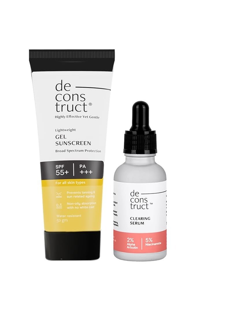 Deconstruct Skin Clear & Protect Duo: Clearing Serum & SPF 55+ Gel Sunscreen | Clearing Serum (30 ml) + Gel Sunscreen (50 g) | Skin Clearing Serum and Gel Sunscreen with No White Cast & Lightweight | Pack of 2