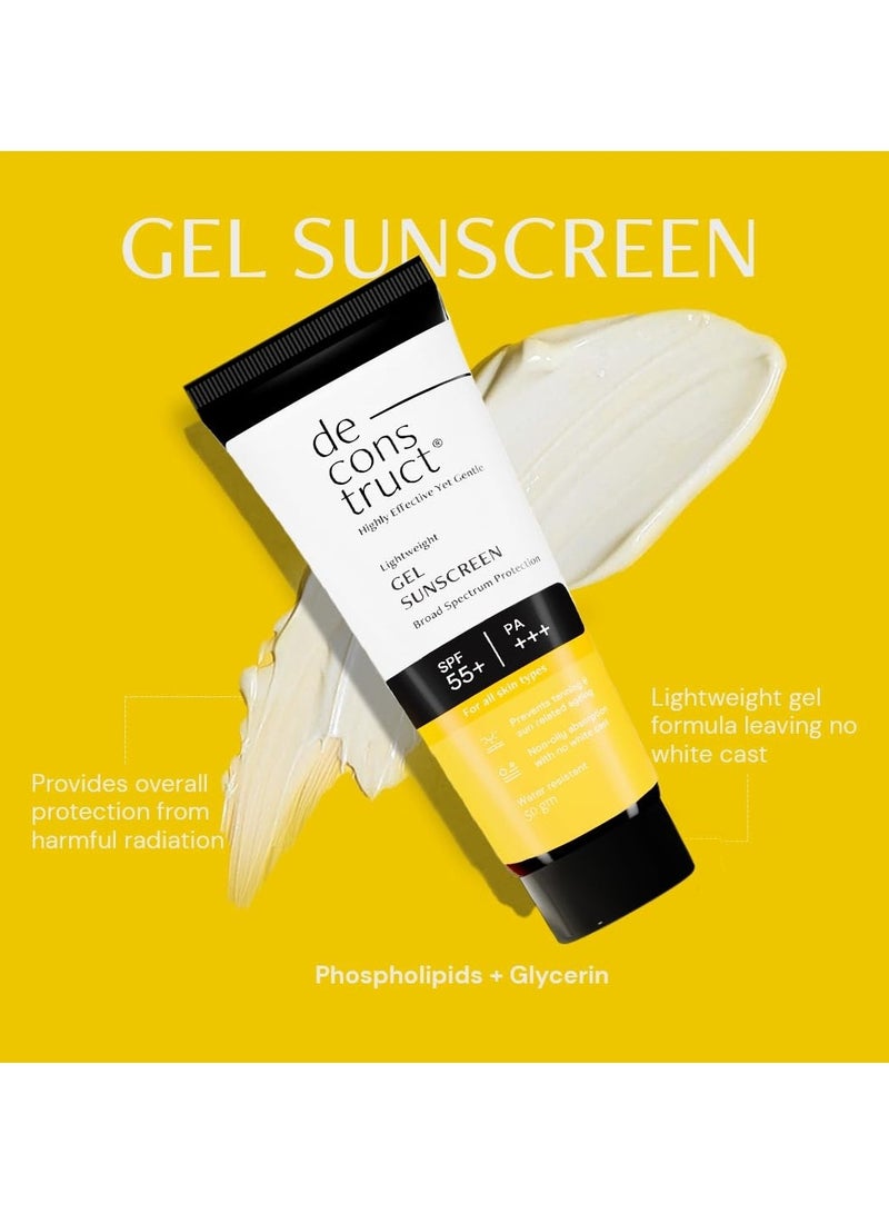 Deconstruct Skin Clear & Protect Duo: Clearing Serum & SPF 55+ Gel Sunscreen | Clearing Serum (30 ml) + Gel Sunscreen (50 g) | Skin Clearing Serum and Gel Sunscreen with No White Cast & Lightweight | Pack of 2