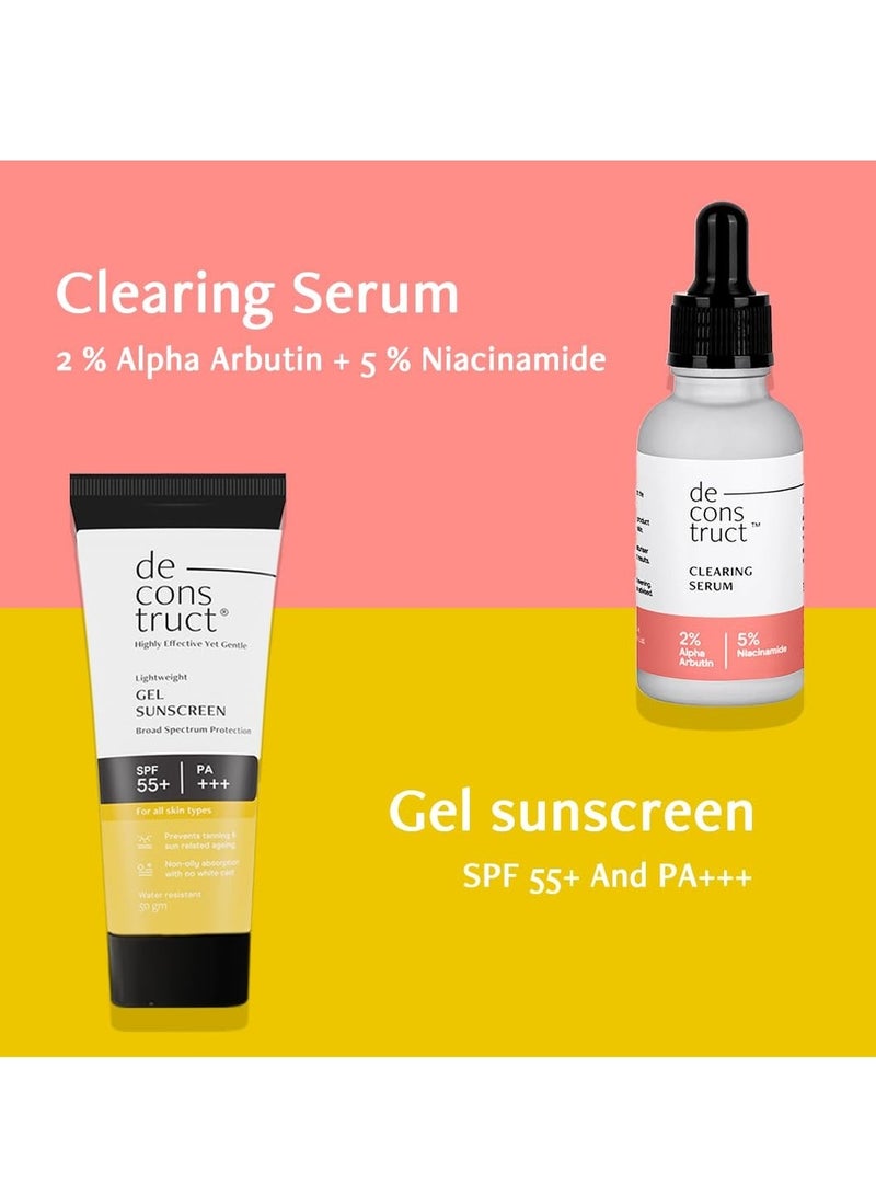 Deconstruct Skin Clear & Protect Duo: Clearing Serum & SPF 55+ Gel Sunscreen | Clearing Serum (30 ml) + Gel Sunscreen (50 g) | Skin Clearing Serum and Gel Sunscreen with No White Cast & Lightweight | Pack of 2