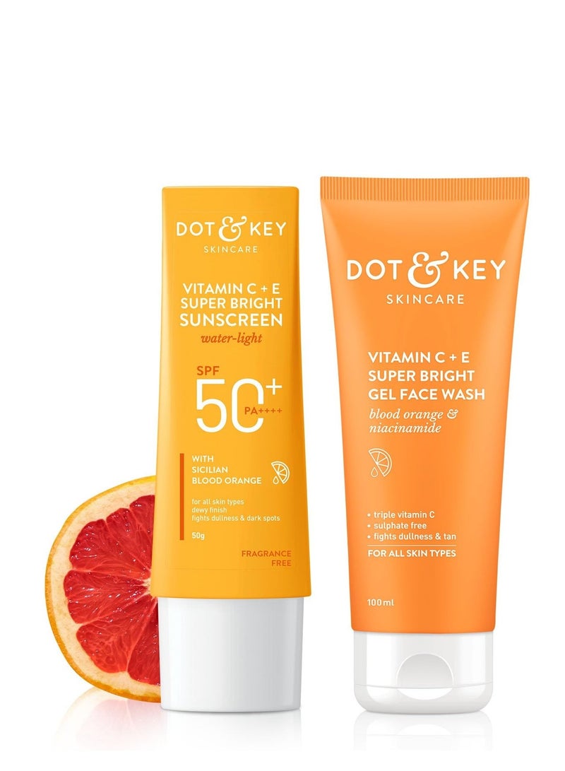 Dot & Key Vitamin C+E Super Bright Sunscreen Spf 50 Pa+++ - 50g & Dot & Key Vitamin C + E Super Bright Gel Face Wash | For Normal Skin | Skin Care Combo | For Women & Men