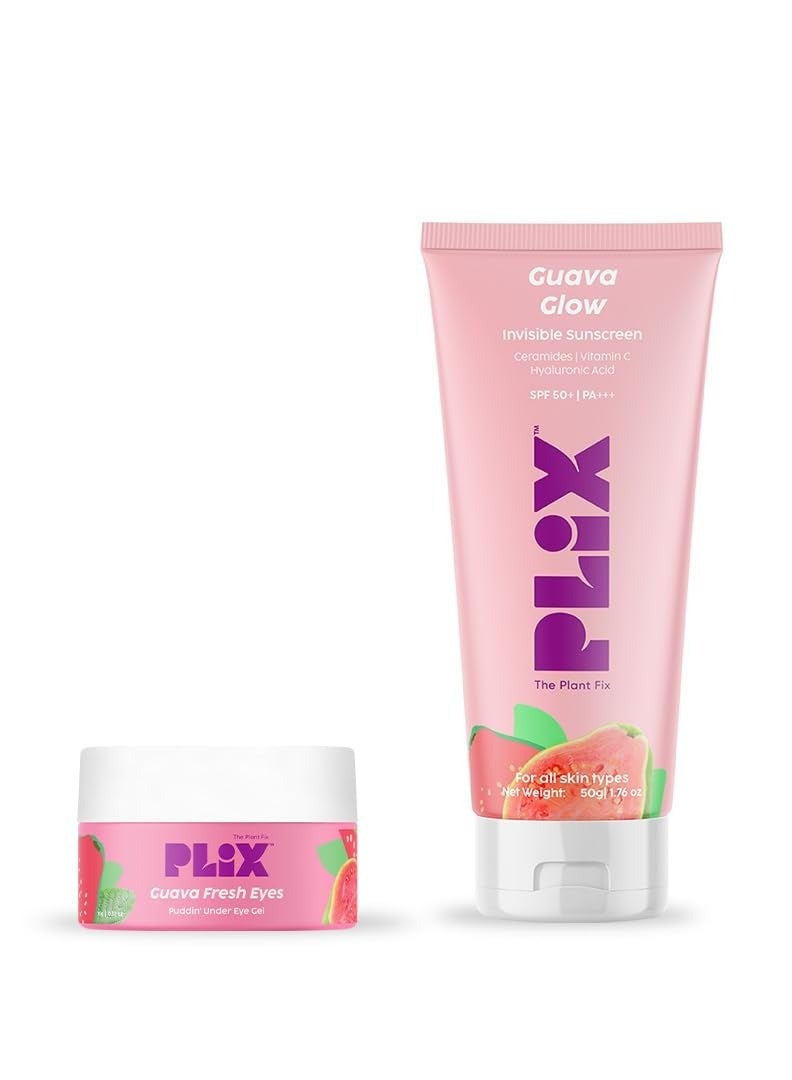 PLIX - THE PLANT FIX Under-Eye Gel and SPF 50+ Guava Glow Sunscreen Combo, For Glowing Skin & Reducing Dark Circles, 3% Niacinamide, Ceramides, Vitamin C | For Women & Men, All Skin Types