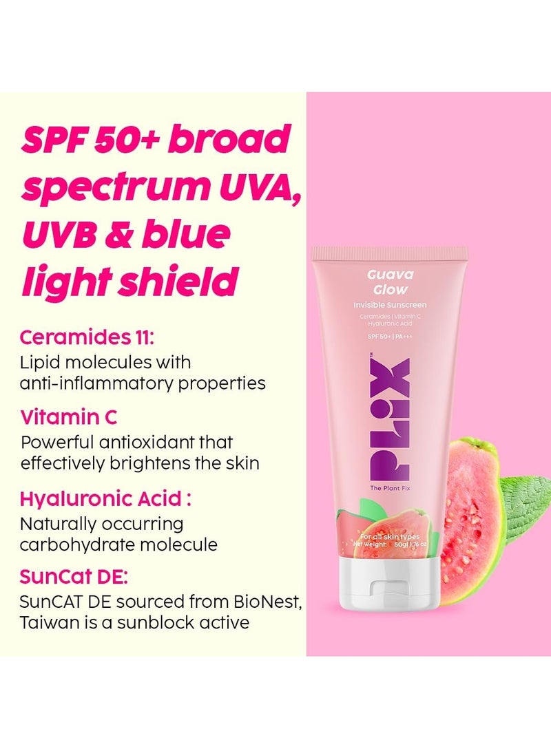 PLIX - THE PLANT FIX Under-Eye Gel and SPF 50+ Guava Glow Sunscreen Combo, For Glowing Skin & Reducing Dark Circles, 3% Niacinamide, Ceramides, Vitamin C | For Women & Men, All Skin Types