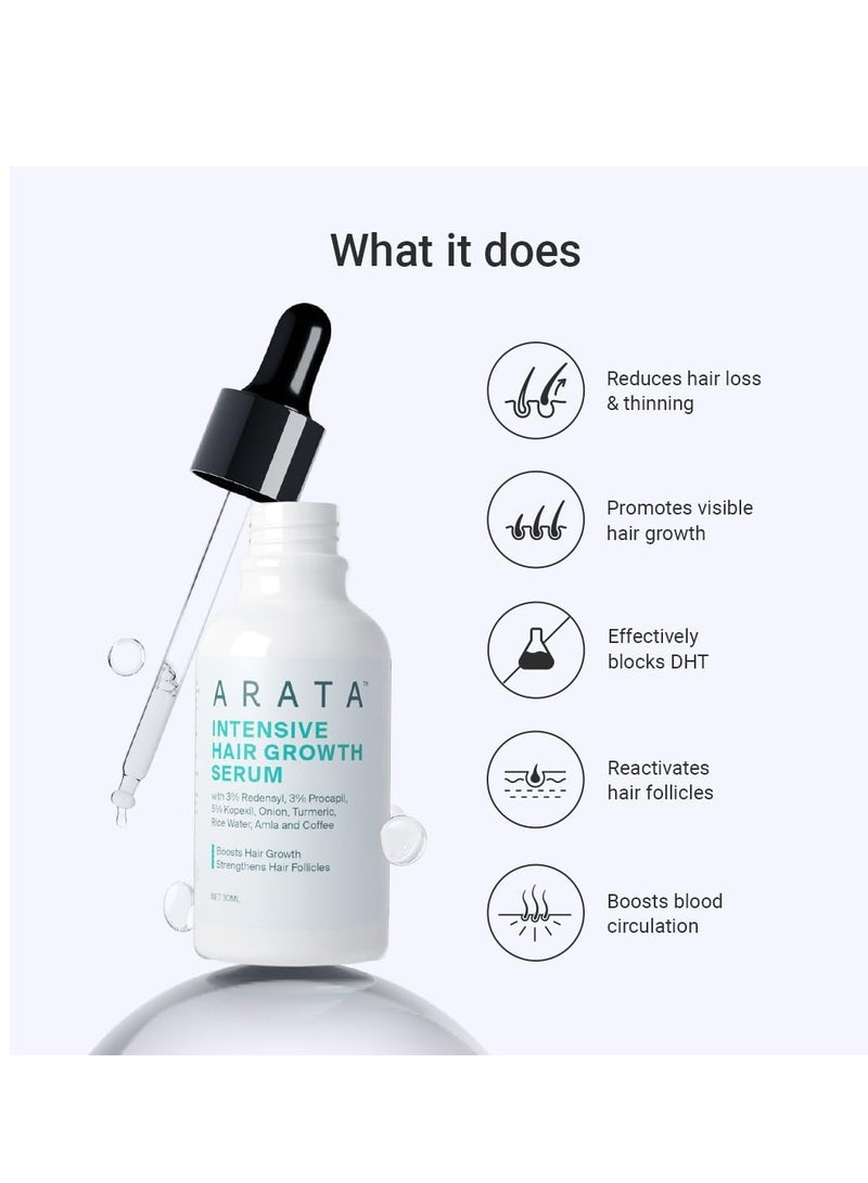 Arata Intensive Hair Growth Serum | 3% Redensyl, 3% Procapil, Onion, Turmeric, Rice Water | Controls Hair Loss | Stimulates Hair Growth | Hair Growth Serum For Women & Men (30Ml/30 Grams)