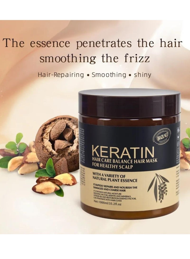 1000ml Keratin Hair Care Balance Hair Mask Rapidly Repairs and Nourish Damaged and Coarse Hair Natural Moisturizer Hydrating Smoothing Shining Strengthening Keratin Hair Mask Brazil Nut