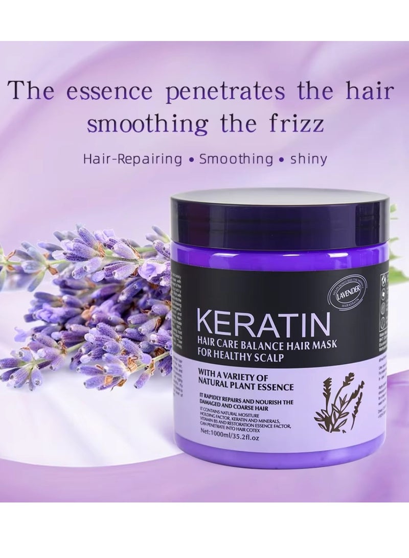 1000ml Keratin Hair Care Balance Hair Mask Rapidly Repairs and Nourish Damaged and Coarse Hair Natural Moisturizer Hydrating Smoothing Shining Strengthening Keratin Hair Mask Lavender