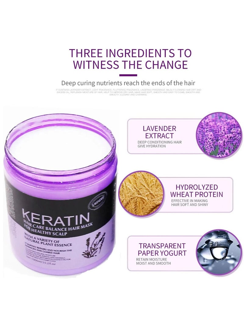 1000ml Keratin Hair Care Balance Hair Mask Rapidly Repairs and Nourish Damaged and Coarse Hair Natural Moisturizer Hydrating Smoothing Shining Strengthening Keratin Hair Mask Lavender