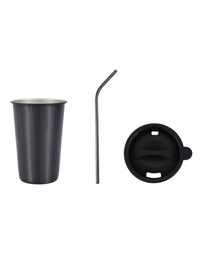 Stainless Steel Coffee Mug With Reusable Metal Straw And Lid Black 12.5x8.8centimeter