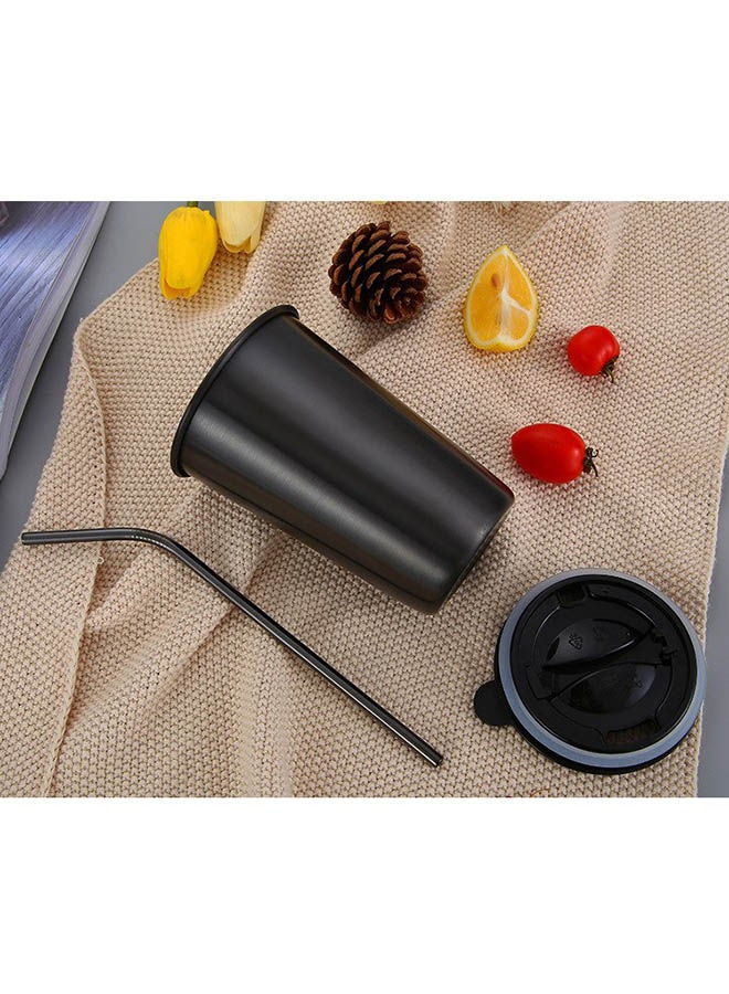 Stainless Steel Coffee Mug With Reusable Metal Straw And Lid Black 12.5x8.8centimeter