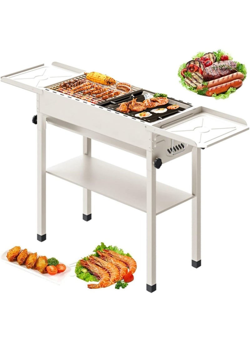 Portable Charcoal Grill BBQ, Outdoor Stainless Steel Barbecue Grill, Folding Portable Go-Anywhere Charcoal Grill for Cooking, Camping,Hiking, Picnic Patio Backyard Large (White)