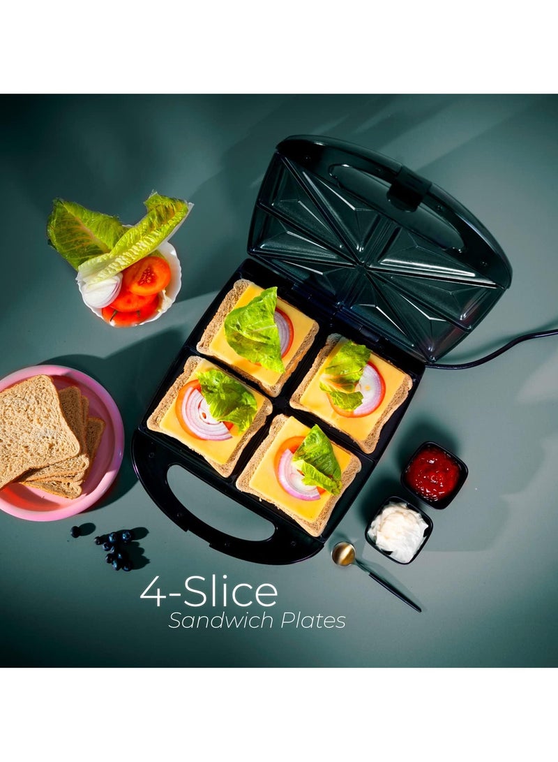 1400W 4 Slice Sandwich Maker - Cooks Delicious Crispy Sandwiches - Cool Touch Handle, Automatic Temperature Control and Non-Stick Plate - Breakfast Sandwiches & Cheese Snack