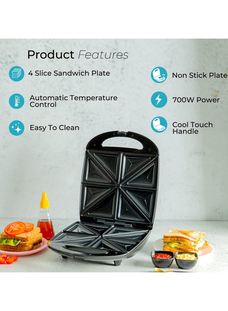 1400W 4 Slice Sandwich Maker - Cooks Delicious Crispy Sandwiches - Cool Touch Handle, Automatic Temperature Control and Non-Stick Plate - Breakfast Sandwiches & Cheese Snack