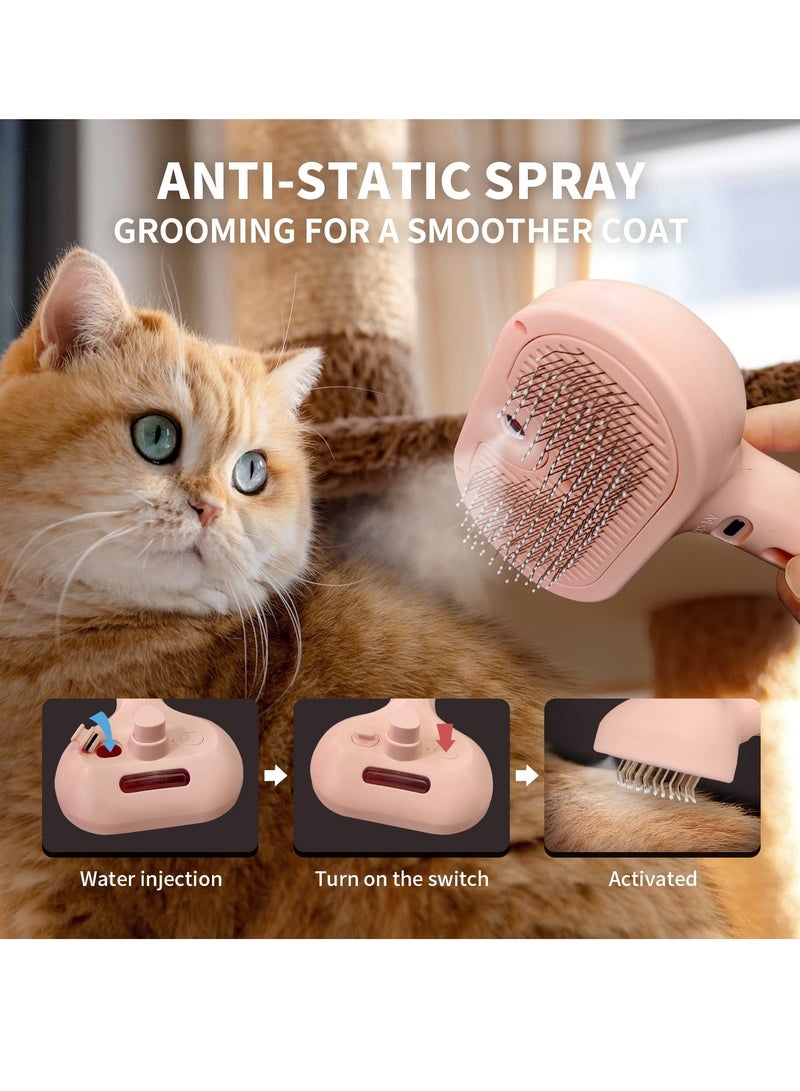 Cat Steam Brush, 3 In 1 Steamy Dog Brush with Release Button and Tank, Anti-Static Flying Hair Pet Brush for Long and Short Hair Dogs and Cats Remove Tangled and Loose Hair (Pink)