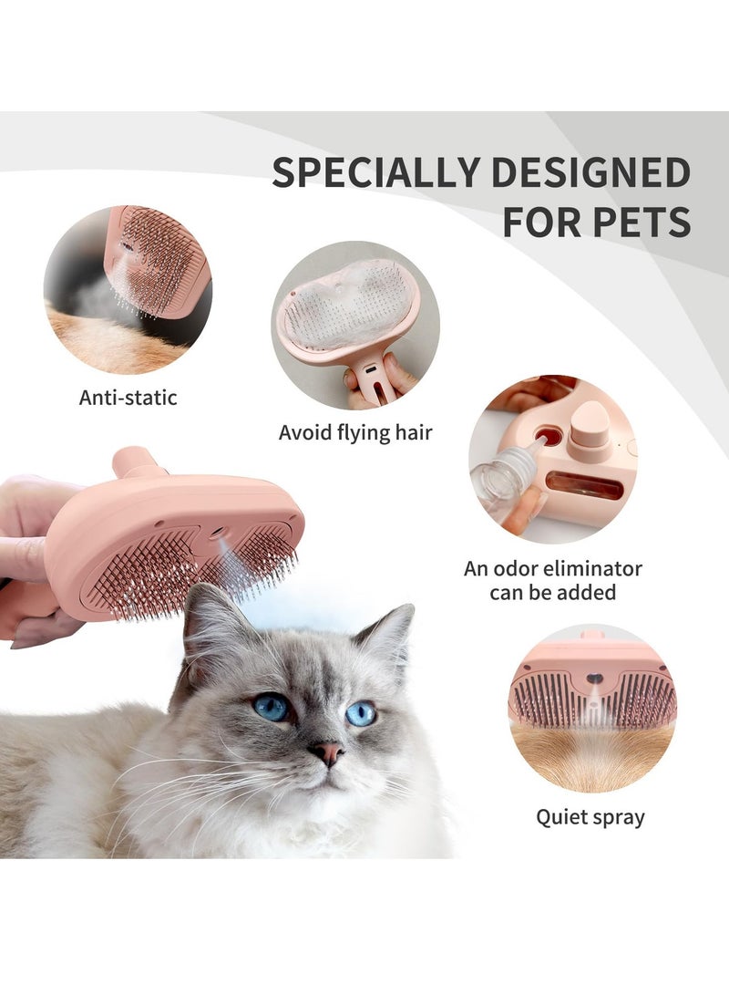 Cat Steam Brush, 3 In 1 Steamy Dog Brush with Release Button and Tank, Anti-Static Flying Hair Pet Brush for Long and Short Hair Dogs and Cats Remove Tangled and Loose Hair (Pink)