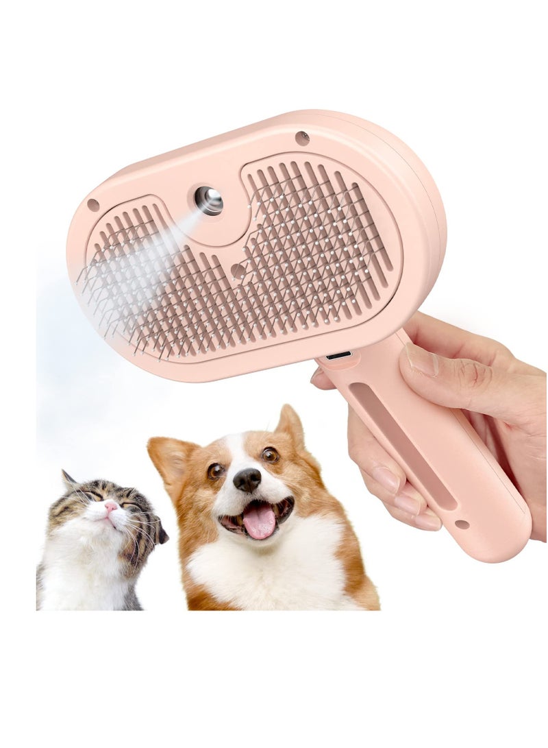 Cat Steam Brush, 3 In 1 Steamy Dog Brush with Release Button and Tank, Anti-Static Flying Hair Pet Brush for Long and Short Hair Dogs and Cats Remove Tangled and Loose Hair (Pink)