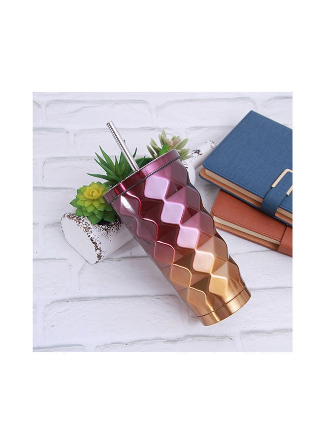 Diamond Gradient Hot Cold Drink Insulated Flask With Straw Lid Red/Gold 17.8x10centimeter