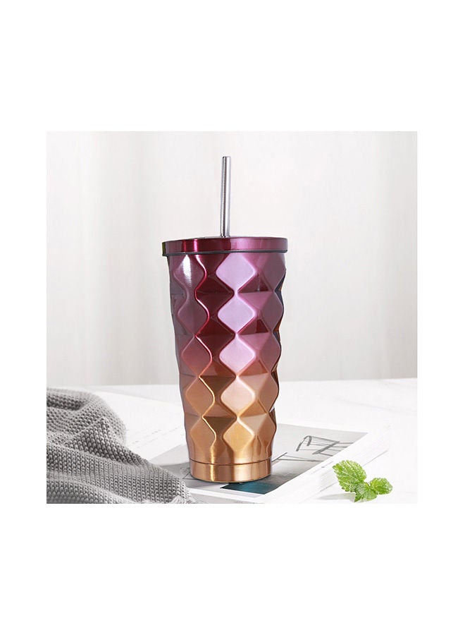 Diamond Gradient Hot Cold Drink Insulated Flask With Straw Lid Red/Gold 17.8x10centimeter